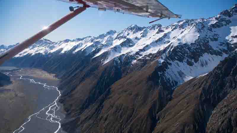 Spend 10 minutes of scenic brilliance viewing the lower ice formations of the Tasman Glacier and the Eastern face of Mt Cook.